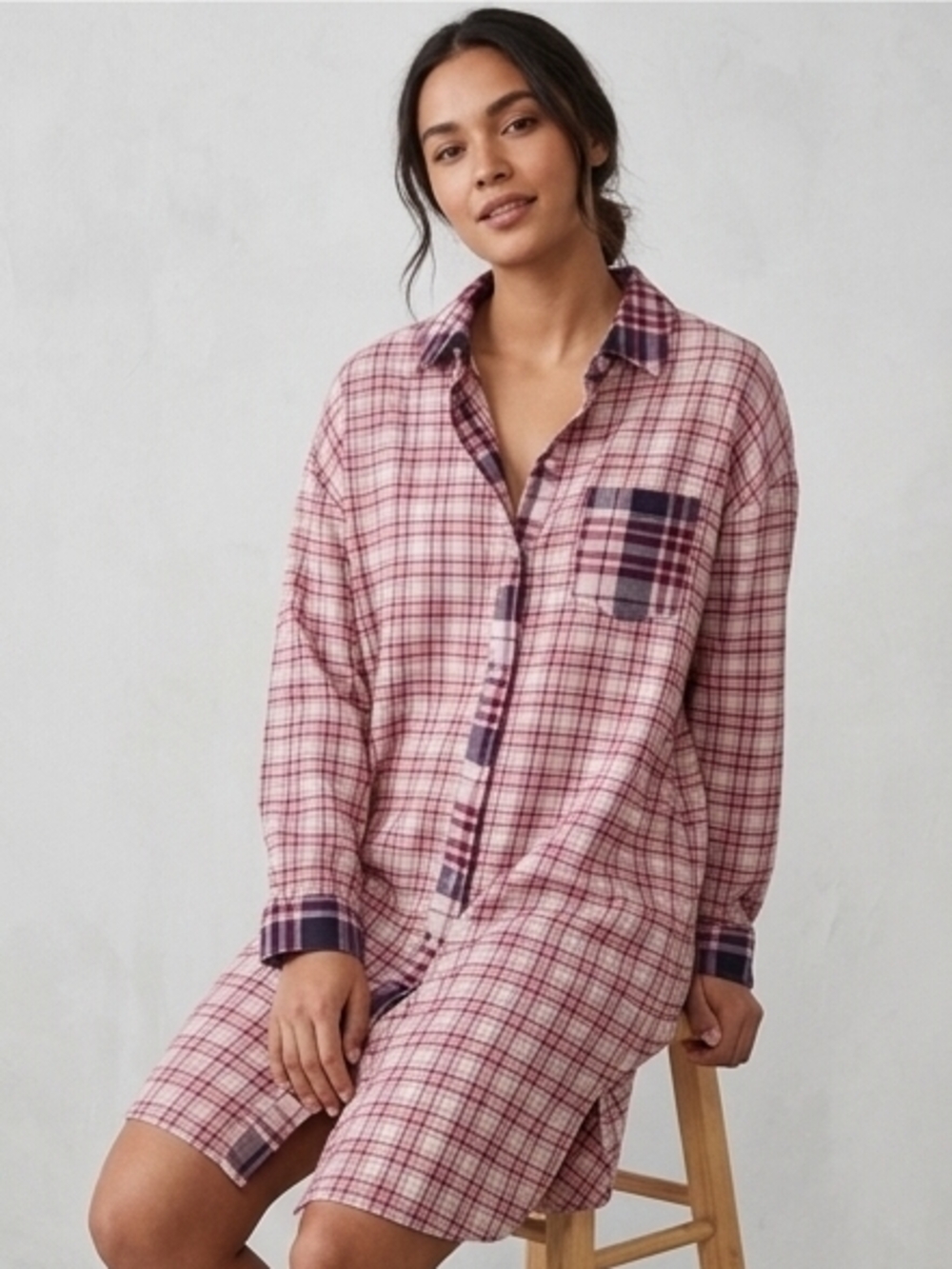 Women's Pink Plaid Button-Front Nightshirt with Contrast Trim